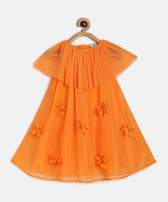 MINI KLUB Girls Midi/Knee Length Casual Dress(Orange, Short Sleeve)