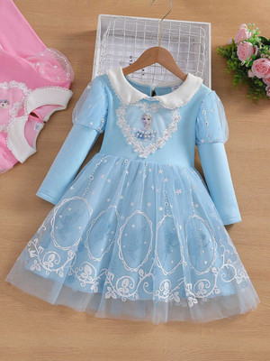 Yk Girls Midi/Knee Length Casual Dress(Blue, Full Sleeve)