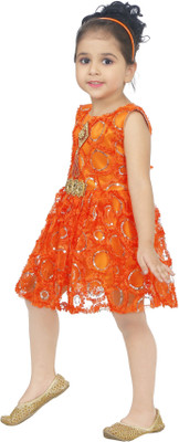 HouseOfCommon Girls Midi/Knee Length Casual Dress(Orange, Sleeveless)