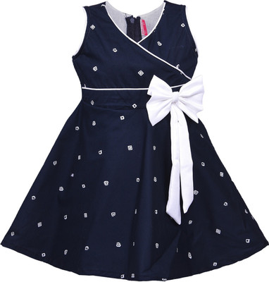 Wishkaro Girls Midi/Knee Length Casual Dress(Dark Blue, Sleeveless)