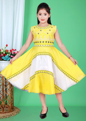 M. MONGELA DRESSES Girls Below Knee Festive/Wedding Dress(Yellow, Sleeveless)