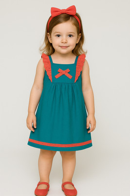 SHOPPERTREE Girls Midi/Knee Length Casual Dress(Dark Green, Orange, Cap Sleeve)