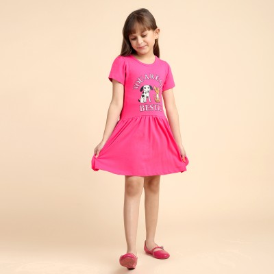 Lazy Shark Girls Midi/Knee Length Casual Dress(Pink, Short Sleeve)