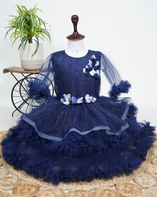 RKTM Baby Girls Below Knee Festive/Wedding Dress(Dark Blue, 3/4 Sleeve)