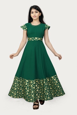 MG FASHION Girls Printed Anarkali Kurta(Dark Green, Gold)