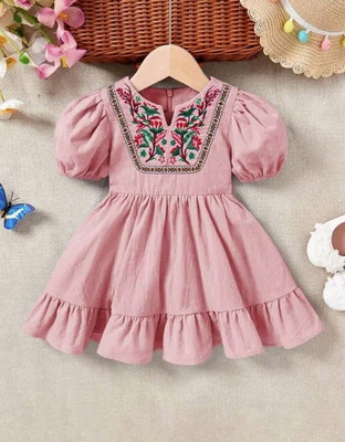 STYLISHTRENDS Girls Below Knee Festive/Wedding Dress(Pink, Short Sleeve)