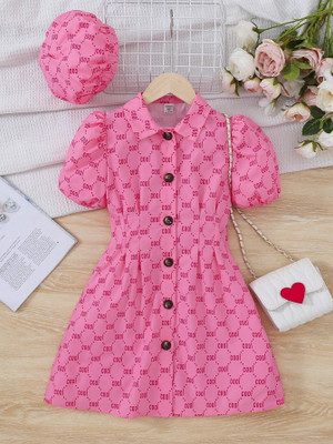 AROPYA Indi Girls Midi/Knee Length Casual Dress(Pink, Half Sleeve)