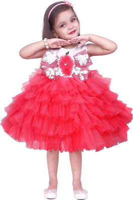 SOULSHINE Indi Girls Midi/Knee Length Party Dress(Red, Sleeveless)