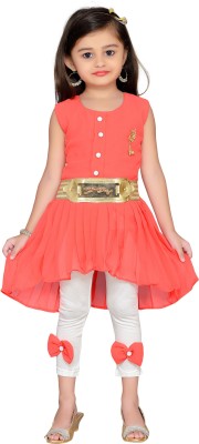 Adiva Indi Girls Midi/Knee Length Party Dress(Orange, Sleeveless)
