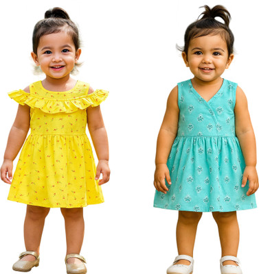 RANGBASANTI Indi Girls Midi/Knee Length Casual Dress(Yellow, Light Green, Sleeveless)