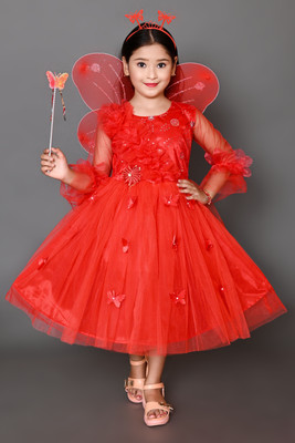 aruna creation Girls Below Knee Festive/Wedding Dress(Red, 3/4 Sleeve)