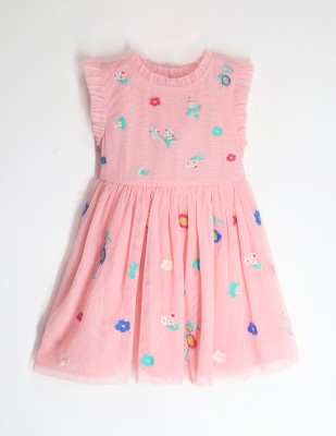 Cherry Crumble by Nitt Hyman Girls Midi/Knee Length Casual Dress(Pink, Short Sleeve)