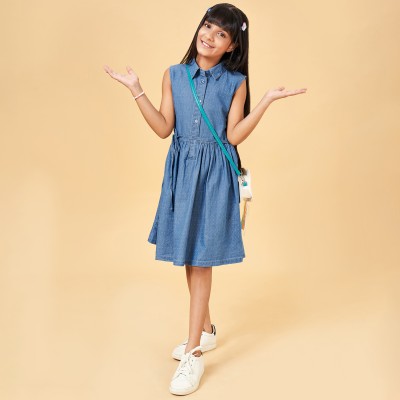 YU by Pantaloons Girls Midi/Knee Length Casual Dress(Blue, Sleeveless)