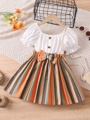 Ksaliya Enterprise Girls Midi/Knee Length Casual Dress(White, Short Sleeve)