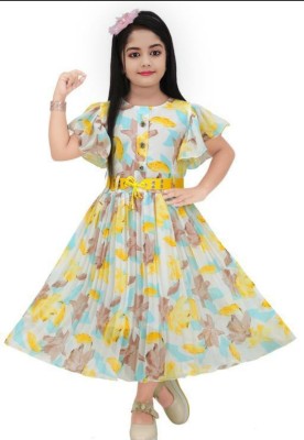 LUCKY FASHION WORLD Girls Calf Length Casual Dress(Gold, Fashion Sleeve)