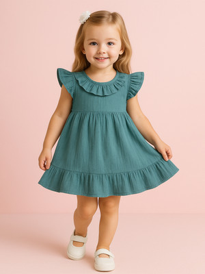 KIdbea Indi Baby Girls Above Knee Casual Dress(Green, Short Sleeve)