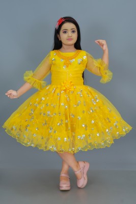 N FASHION AFIYA Girls Calf Length Party Dress(Yellow, 3/4 Sleeve)