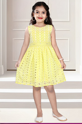 VNOTTY FASHION Girls Midi/Knee Length Casual Dress(Yellow, Short Sleeve)