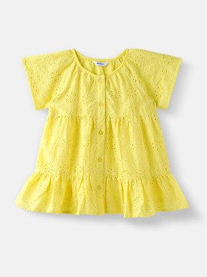 NautiNati Indi Girls Midi/Knee Length Casual Dress(Yellow, Short Sleeve)