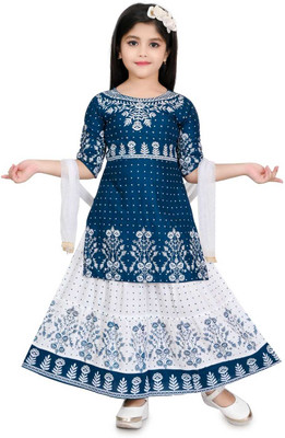 Mselimdresses Girls Casual Kurta and Skirt Set(Blue Pack of 1)