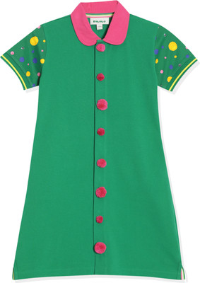 pilolo Indi Girls Below Knee Casual Dress(Green, Half Sleeve)