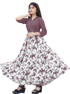 Meraki Fab Girls Maxi/Full Length Casual Dress(Purple, 3/4 Sleeve)