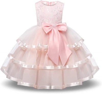 MINSA Girls Midi/Knee Length Festive/Wedding Dress(Pink, Sleeveless)