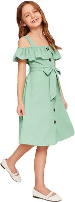 viaansh fashion Girls Midi/Knee Length Casual Dress(Green, Fashion Sleeve)