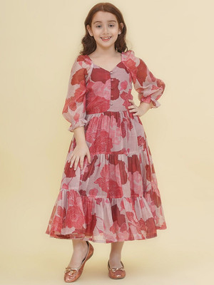 Gen Alfa Girls Maxi/Full Length Party Dress(Red, Short Sleeve)