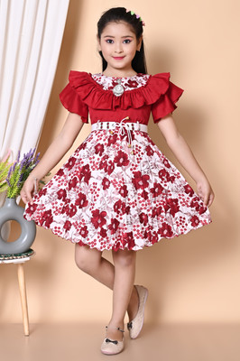 Chic Generation Girls Midi/Knee Length Casual Dress(Red, Short Sleeve)