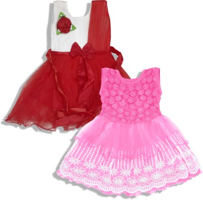 Surkhab Impressions Baby Girls Midi/Knee Length Festive/Wedding Dress(Pink, Sleeveless)