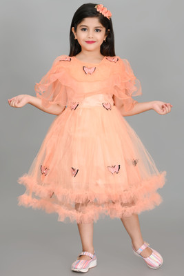 smart choice collections Girls Midi/Knee Length Party Dress(Orange, Half Sleeve)