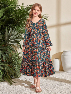 Gen Alfa Girls Maxi/Full Length Party Dress(Multicolor, Short Sleeve)