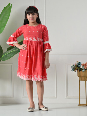 Bella Moda Girls Midi/Knee Length Casual Dress(Red, 3/4 Sleeve)