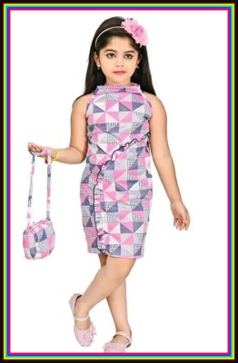 Nitisha Indi Girls Below Knee Casual Dress(Pink, Sleeveless)