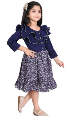 SM MUNIF DRESSES Girls Midi/Knee Length Casual Dress(Blue, 3/4 Sleeve)