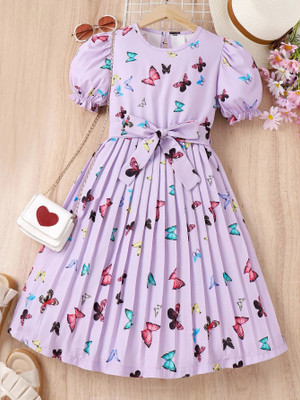 HouseOfCommon Girls Midi/Knee Length Party Dress(Purple, Short Sleeve)