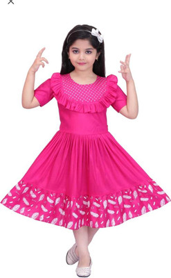 Hipposippo Girls Calf Length Festive/Wedding Dress(Pink, Half Sleeve)