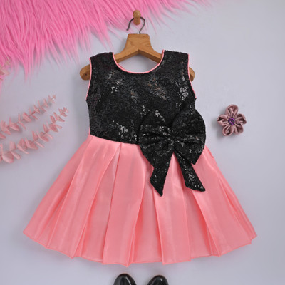 F B Collction Girls Midi/Knee Length Party Dress(Orange, Sleeveless)