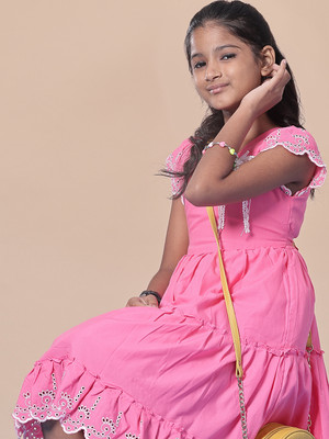 V-MART Girls Midi/Knee Length Casual Dress(Pink, Cap Sleeve)
