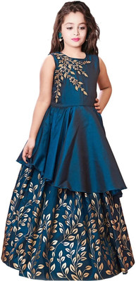 Wommaniya Impex Girls Maxi/Full Length Festive/Wedding Dress(Blue, Sleeveless)