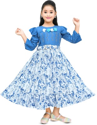 PMGARMENT Girls Maxi/Full Length Casual Dress(Blue, 3/4 Sleeve)