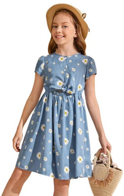 Ksaliya Enterprise Girls Midi/Knee Length Casual Dress(Blue, Short Sleeve)