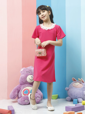 ATHENA Girls Midi/Knee Length Casual Dress(Pink, Short Sleeve)