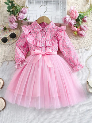 Gen Alfa Girls Midi/Knee Length Party Dress(Pink, 3/4 Sleeve)