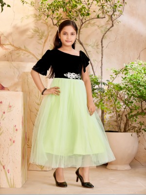 Aarika Indi Girls Calf Length Party Dress(Green, Fashion Sleeve)