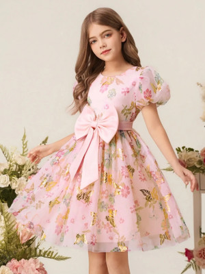 SANVI ENTERPRISE Indi Girls Midi/Knee Length Festive/Wedding Dress(Pink, Short Sleeve)