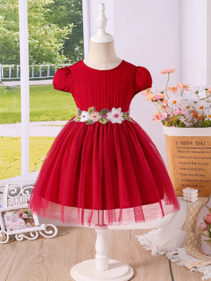 Gen Alfa Indi Girls Midi/Knee Length Party Dress(Red, Short Sleeve)