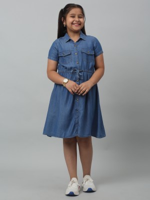 CANTABIL Indi Girls Midi/Knee Length Casual Dress(Blue, Short Sleeve)