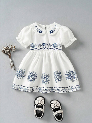 HALDER AND SONS Baby Girls Midi/Knee Length Party Dress(White, Blue, Short Sleeve)